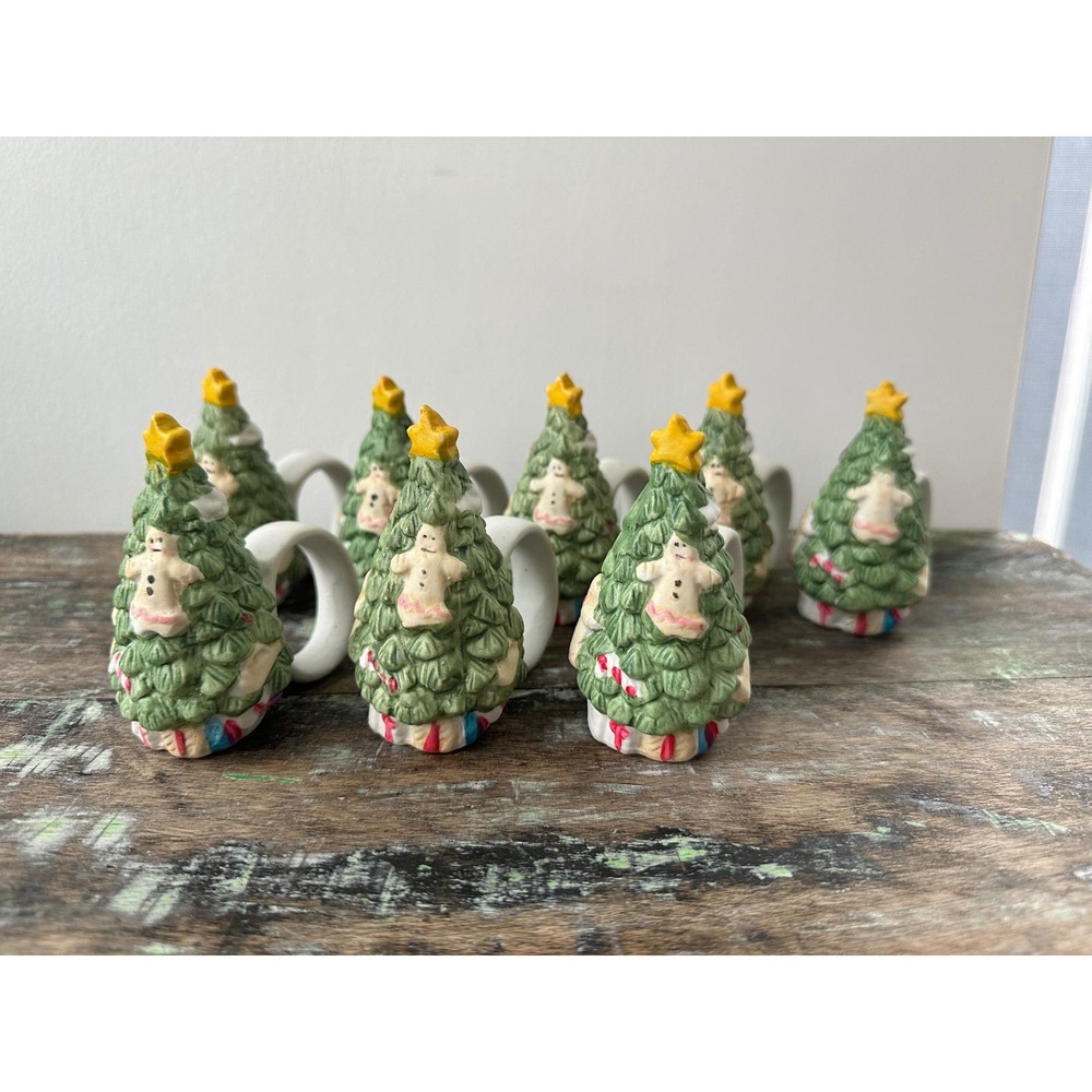 Vintage Set‎ of 8 Ceramic Christmas Tree Napkin Rings Holiday Table Decor